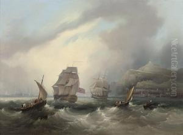 A Royal Naval Two-decker And A Frigate Off Gibraltar Oil Painting by Frederick Calvert