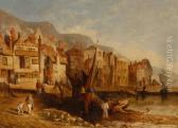 Busy Coastal Fishing Village Oil Painting by Frederick Calvert