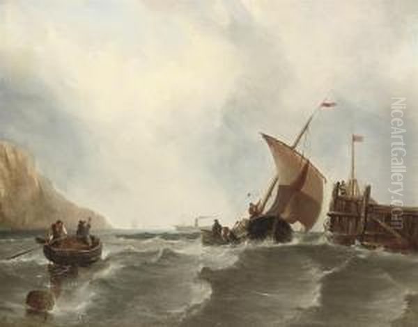 A Fishing Vessel Running Into Its Homeport Oil Painting by Frederick Calvert