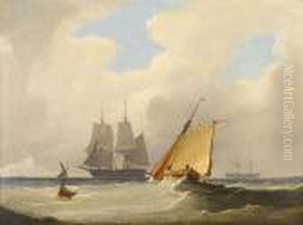 A Brig Hove-to Off St. 
Catherine's Point, Isleof Wight, With A Cutter Caught In A Swell Nearby Oil Painting by Frederick Calvert