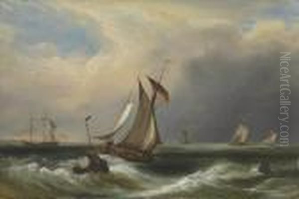 Fishing Boats Off A Coast With Other Shipping Oil Painting by Frederick Calvert