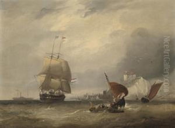 A Dutch Merchantman Running Out Of A Channel Port Oil Painting by Frederick Calvert