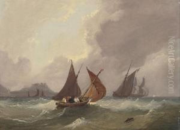 Fishing Boats And Other Shipping
 In Coastal Waters Below A Fortified Promontory (illustrated); And 
Shipping In A Squall In The Channel Oil Painting by Frederick Calvert