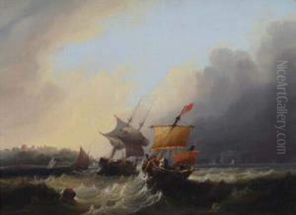 Two- Master Andcoastal Craft In Choppy Seas Off A Coast Oil Painting by Frederick Calvert