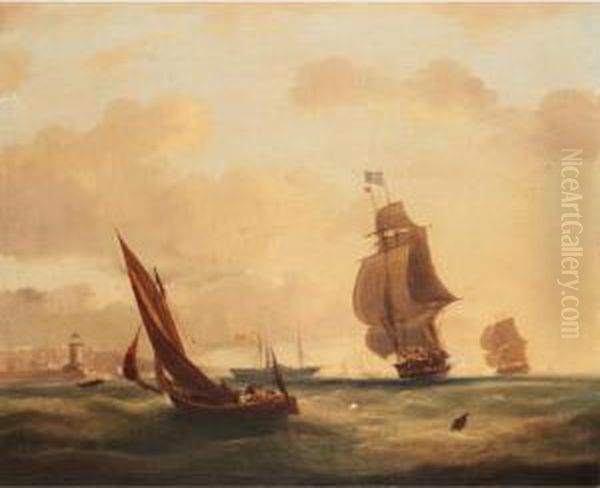 A Man Of War In Stormy Seas; Shipping Of The Coast Oil Painting by Frederick Calvert