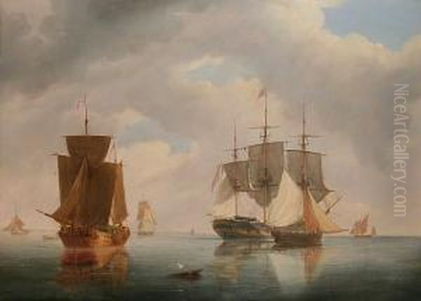 Shipping In Calm Waters Oil Painting by Frederick Calvert