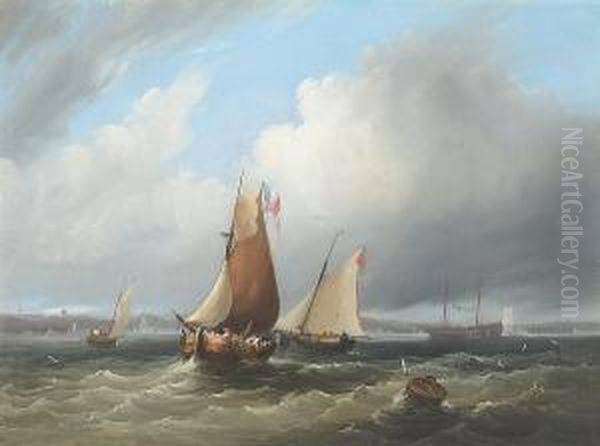 Fishing Boats In A Squall Off A Coast Oil Painting by Frederick Calvert