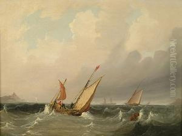 Taking-in The Mainsail In A Choppy Sea Oil Painting by Frederick Calvert