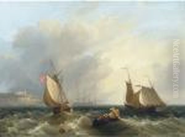 A Royal Naval Armed Cutter Heading Inshore Off The Mouth Of Thetyne Oil Painting by Frederick Calvert