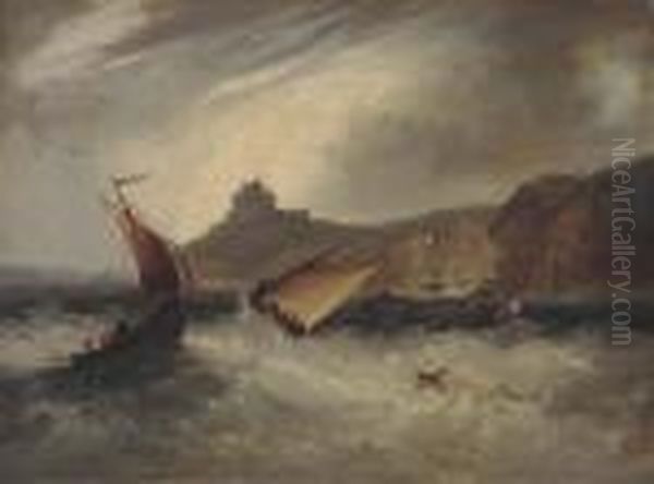 Fishing Boats In A Heavy Swell Off A Fortified Headland Oil Painting by Frederick Calvert