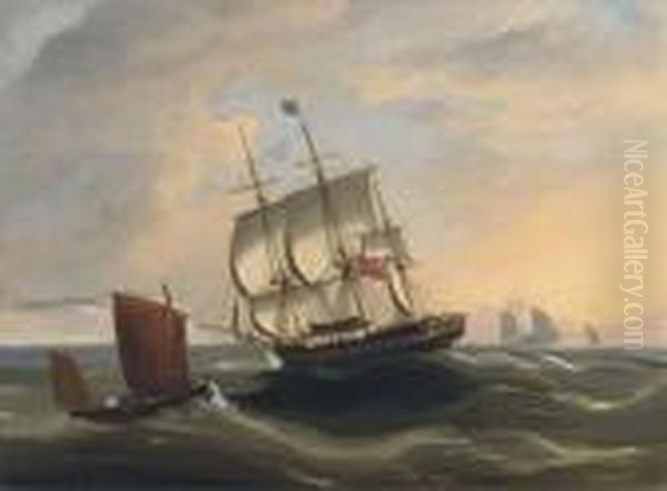 A Crowded Merchantman Passing The Paddle Packet At Sea Oil Painting by Frederick Calvert