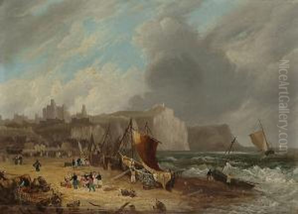 Figures On A Beach Before Hastings Castle Oil Painting by Frederick Calvert