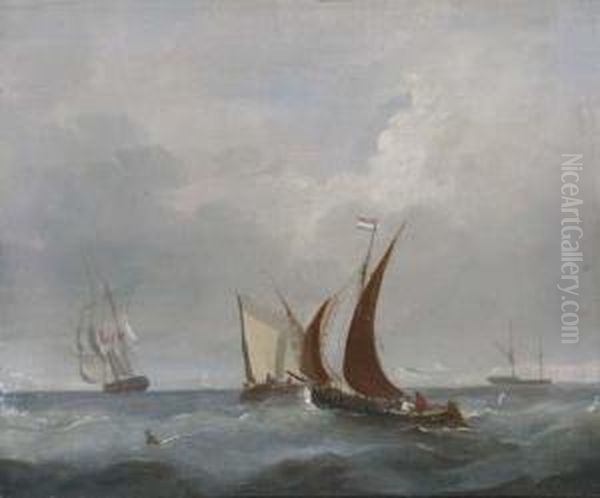 A Frigate Leaving Port; And Barges And Other Shipping In Thechannel Off Dover Oil Painting by Frederick Calvert