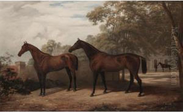 Two Bay Hunters In A Landscape Oil Painting by Henry Calvert