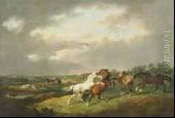 Stallions Fighting In A Extensive Landscape With Cattle And Town In The Distance Oil Painting by Henry Calvert