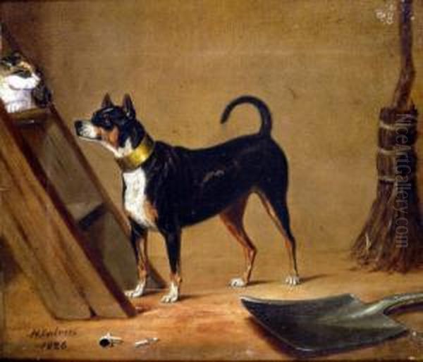 Terrier And Cat, In A Barn Oil Painting by Henry Calvert