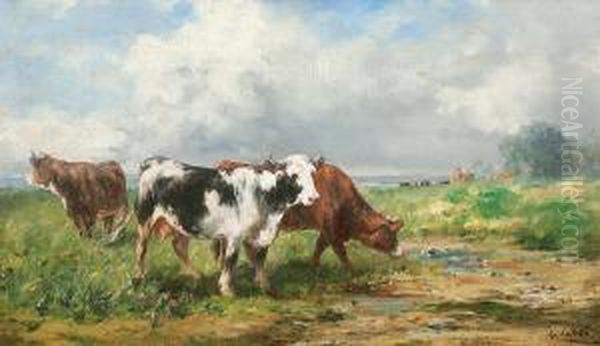 Weidende Kuhe Vor Weitem Hintergrund Oil Painting by Leon Georges Calves