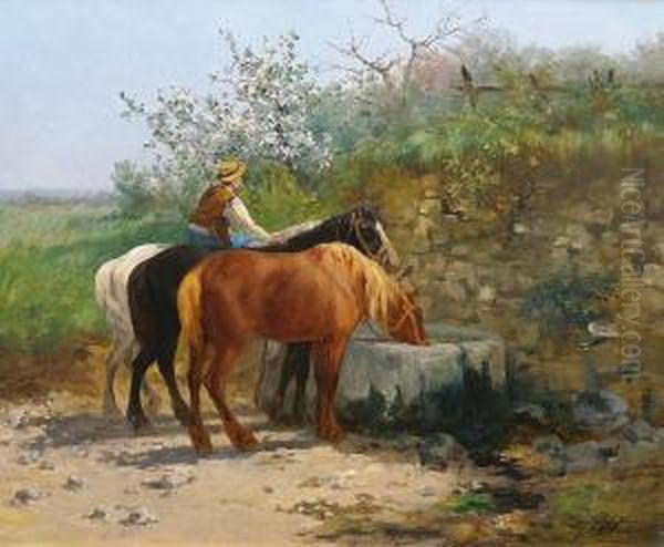 Pferde An Der Tranke Oil Painting by Leon Georges Calves