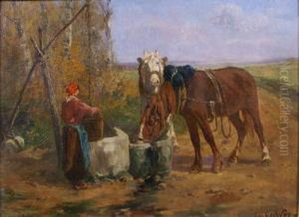 La Halte Des Chevaux Au Puits Oil Painting by Leon Georges Calves