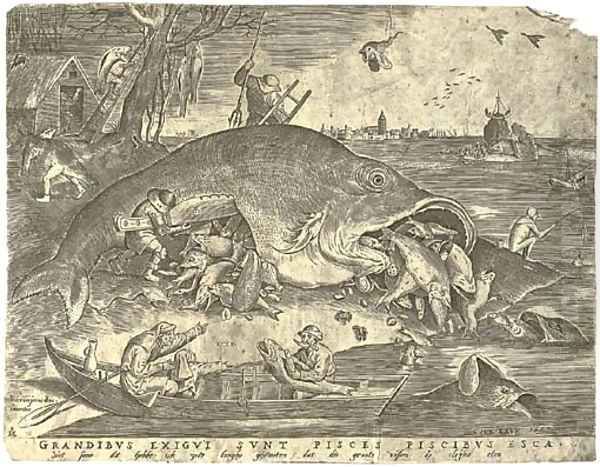 The large Fishes devouring the small Fishes, by P. Van der Heyden Oil Painting by Pieter the Elder Bruegel