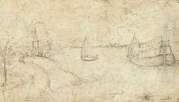 Two ships on a broad estuary, figures on a path in the left foreground Oil Painting by Pieter the Elder Bruegel