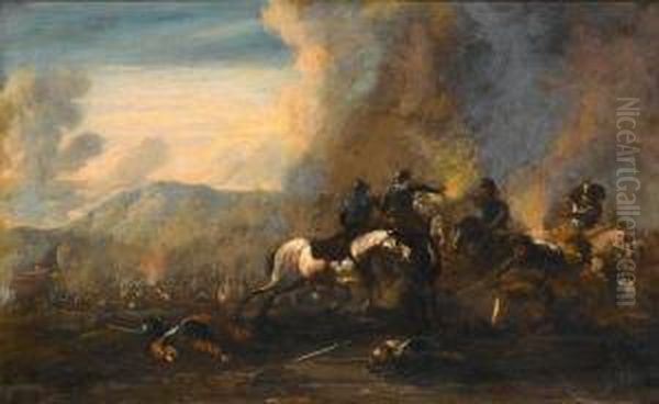 A Cavalry Battle Oil Painting by Antonio Calza