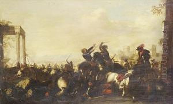 A Cavalry Skirmish Oil Painting by Antonio Calza