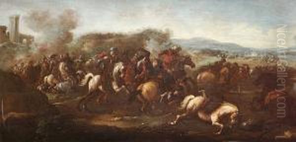 A Cavalry Skirmish Oil Painting by Antonio Calza