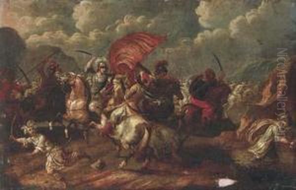 A Cavalry Skirmish Between Christians And Turks Oil Painting by Antonio Calza