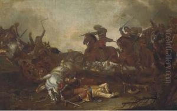 A Cavalry Skirmish Oil Painting by Antonio Calza