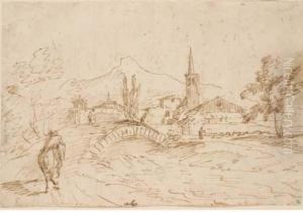 A Landscape With A Bridge, A Rider On The Foreground, A Villagebeyond Oil Painting by Antonio Calza