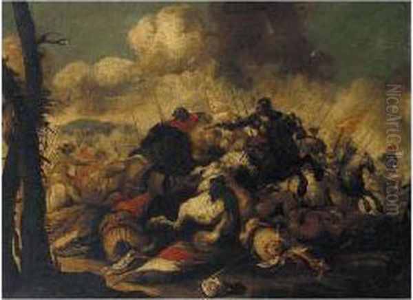 A Cavalry Battle Scene Oil Painting by Antonio Calza