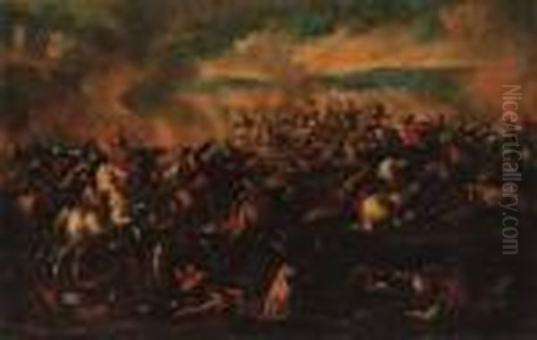 A Cavalry Engagement Oil Painting by Antonio Calza