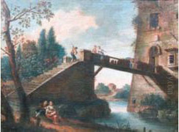  Jeunes Femmes Et Bergers Sur Un Pont De Bois Enjambant Une Riviere  Oil Painting by Charles Camarroque