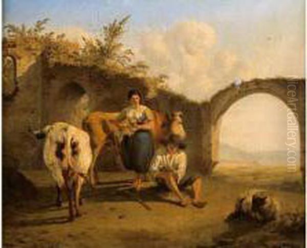 Bergere Et Gardien De Troupeau Oil Painting by Charles Camarroque