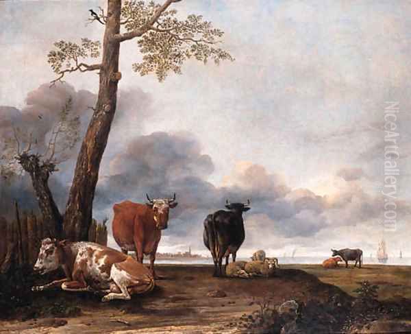 Cattle and sheep by a tree on a river bank, shipping beyond Oil Painting by Anthonie Cornelisz. Van Borssom