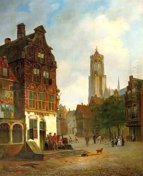 Daily activities in Utrecht with the Domtower beyond Oil Painting by Carel Jacobus Behr