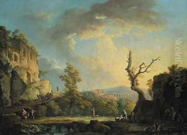 An extensive Italianate river landscape with travellers and soldiers in the foreground, a Roman aqueduct beyond Oil Painting by Carlo Bonavia