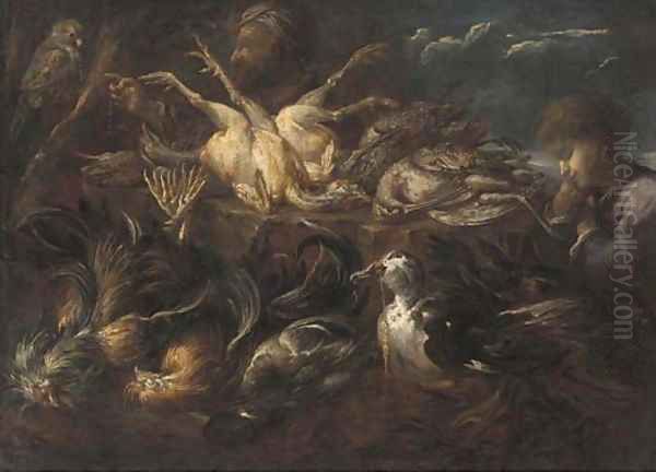 A falconer and his falcon, a duck with wheat in its beak, a sleeping boy and dead game in a landscape Oil Painting by Felice Boselli