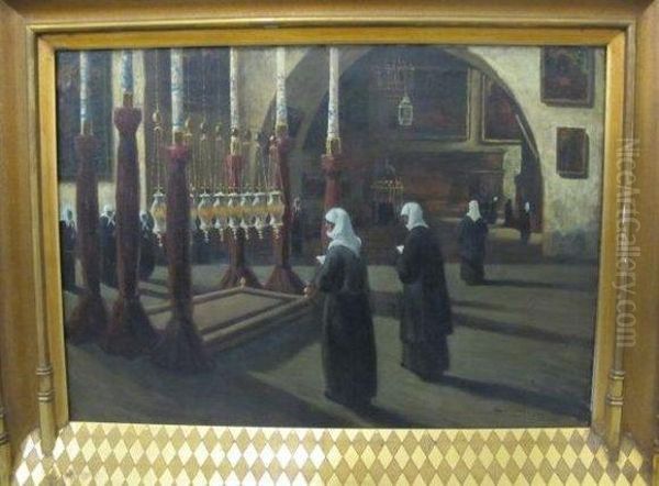 Interieur D'eglise A Jerusalem Oil Painting by Louis Gustave Cambier