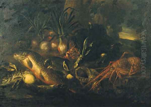 Fish, a seashell, a crayfish, a lobster and onions on a rocky bank Oil Painting by Felice Boselli