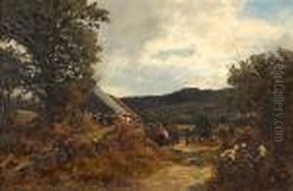 A Hilly Landscape With A Woman Carrying Washing Outside A Cottage Oil Painting by Duncan Cameron