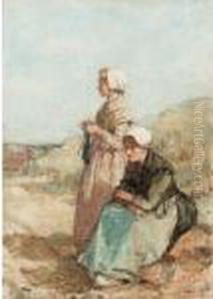 A Woman Knitting With Seated Woman; Woman With Goat Oil Painting by Hugh Cameron