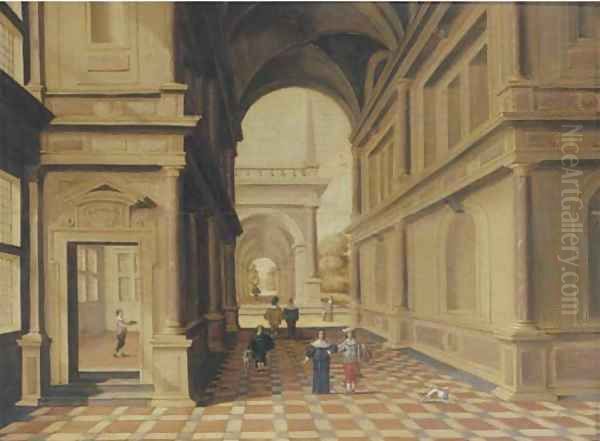 A fantastical palace with elegant figures in a portico Oil Painting by Hans Juriaensz. Van Baden