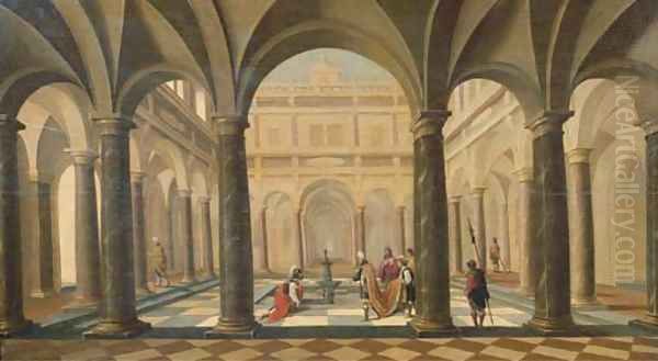 David handing Uria the letter in a classical courtyard Oil Painting by Hans Juriaensz. Van Baden