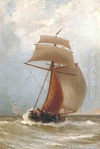 A Kofschip in full sail Oil Painting by Jacob Eduard Van Heemskerck Van Beest