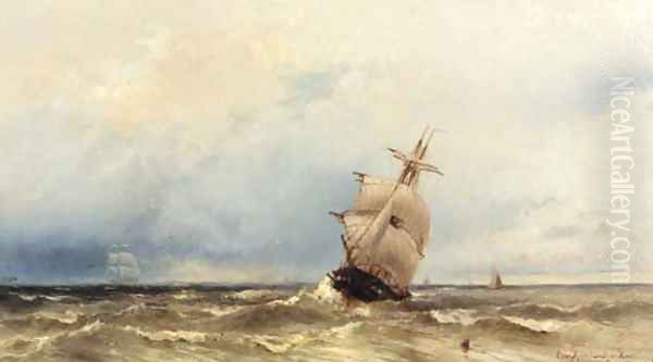 Shipping on a rough sea Oil Painting by Jacob Eduard Van Heemskerck Van Beest