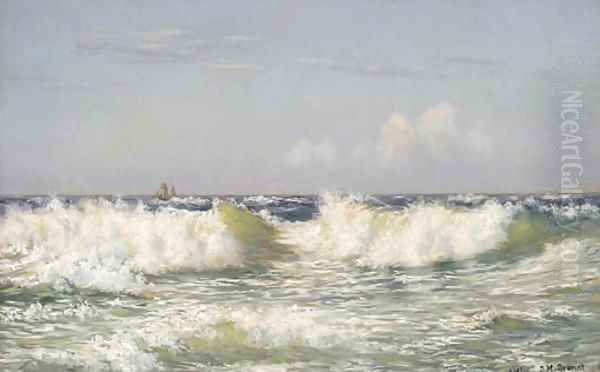 Breakers off the coast, a vessel beyond Oil Painting by Johannes Herman Brandt