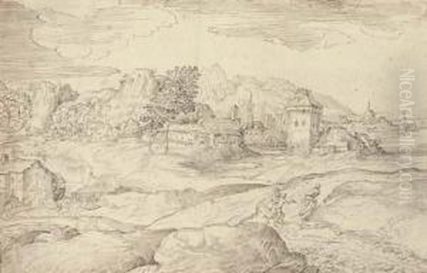 An Extensive Landscape With A Watermill And Figures On A Road, A Town Beyond Oil Painting by Domenico Campagnola