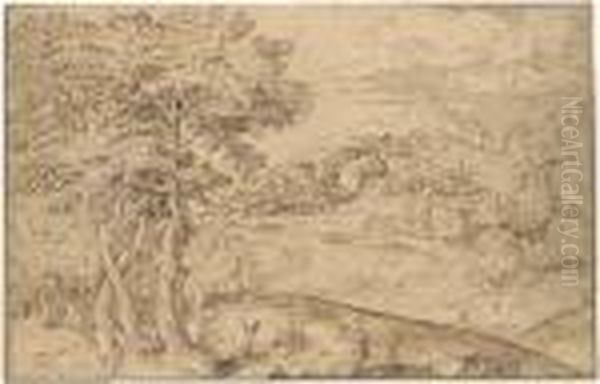 An Extensive Landscape With Shepherds And Their Flocks Below Atown Oil Painting by Domenico Campagnola